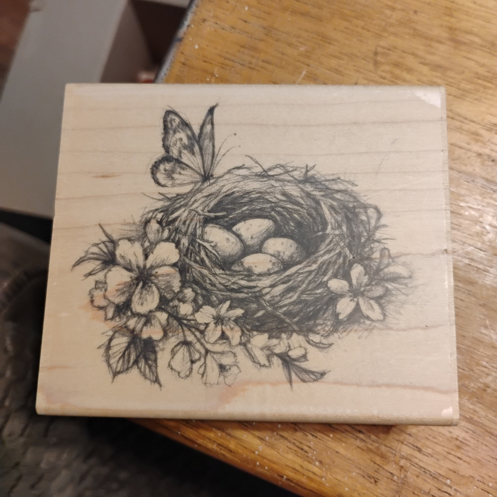 Wooden Stamp with Nest and Butterfly Design